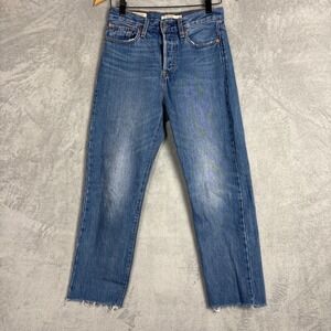 Levi's Wedgie Straight Jeans 26 Medium Wash High Rise Raw Short Hem Blue Womens
